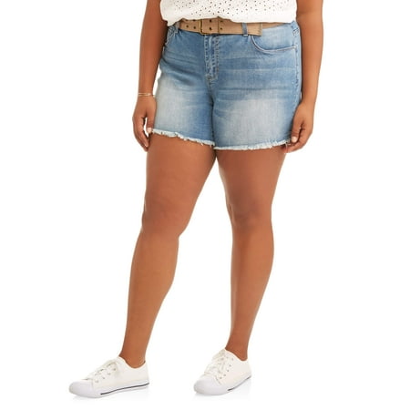 DH by Dollhouse Junior's Plus Belted Raw Fray Hem Boyfriend Short