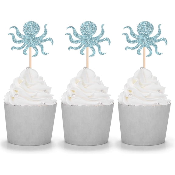 12 CT Blue Octopus Cupcake Toppers Under the Sea Birthday Party Dessert Decoration Picks