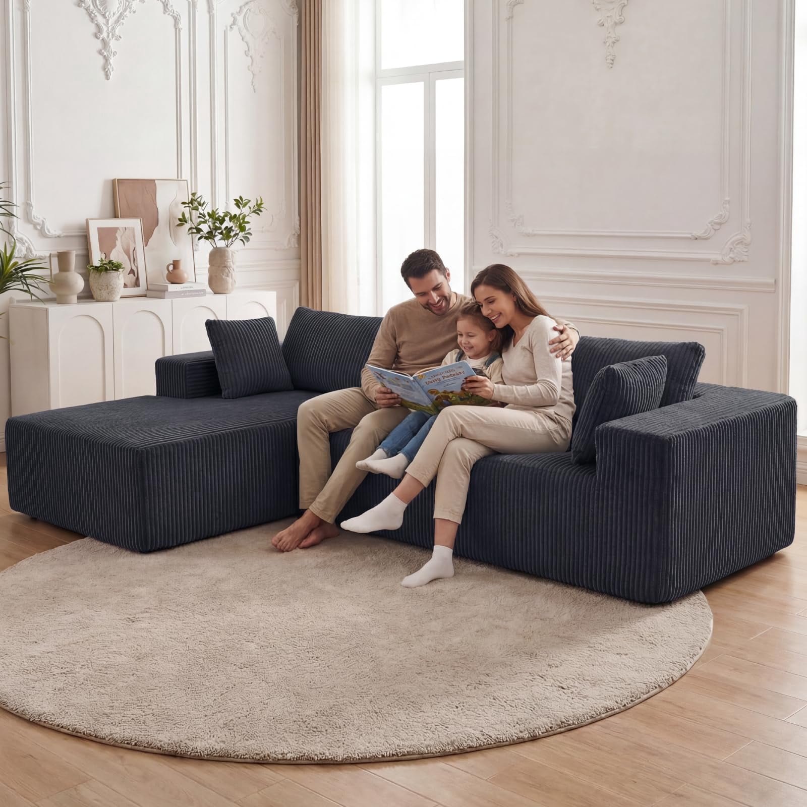 Aukfa 107" Modular Sectional Sofa, Corduroy Upholstered Deep Seat Couch with Left Chaise, Convertible Sleeper, Dark Gray