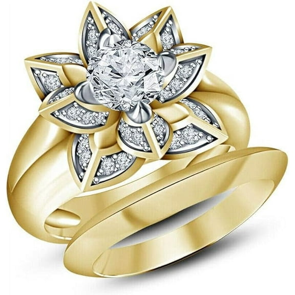 925 Sterling Silver 14K Yellow Gold Finish Round Cut White Diamond Lotus Flower Engagement Bridal Ring Set For Womens