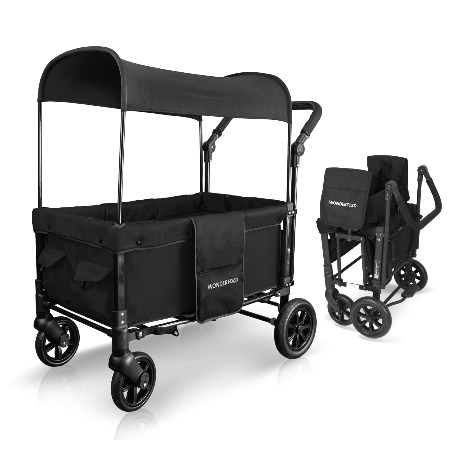 WONDERFOLD W1 Original Stroller Wagon (2 Seater) - Wagon Stroller with Seats with 5-Point Harnesses, Adjustable Push Handle, and Sun Canopy, Jet Black