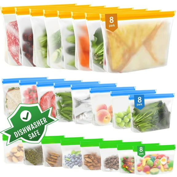 24 Pack Food Storage Bag, Freezer Bags , Reusable Silicone Storage Bags BPA Free (24Pack-8 Gallon Bags 8 Sandwich Bags 8 Snack Bags)