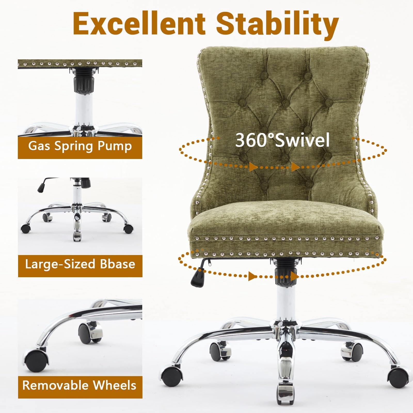 Pawverly Velvet Upholstered Office Chair, Tufted Button Swivel Desk Chair with Adjustable Height, Gold Metal Base & Wheels, Modern Vanity Chair, Green
