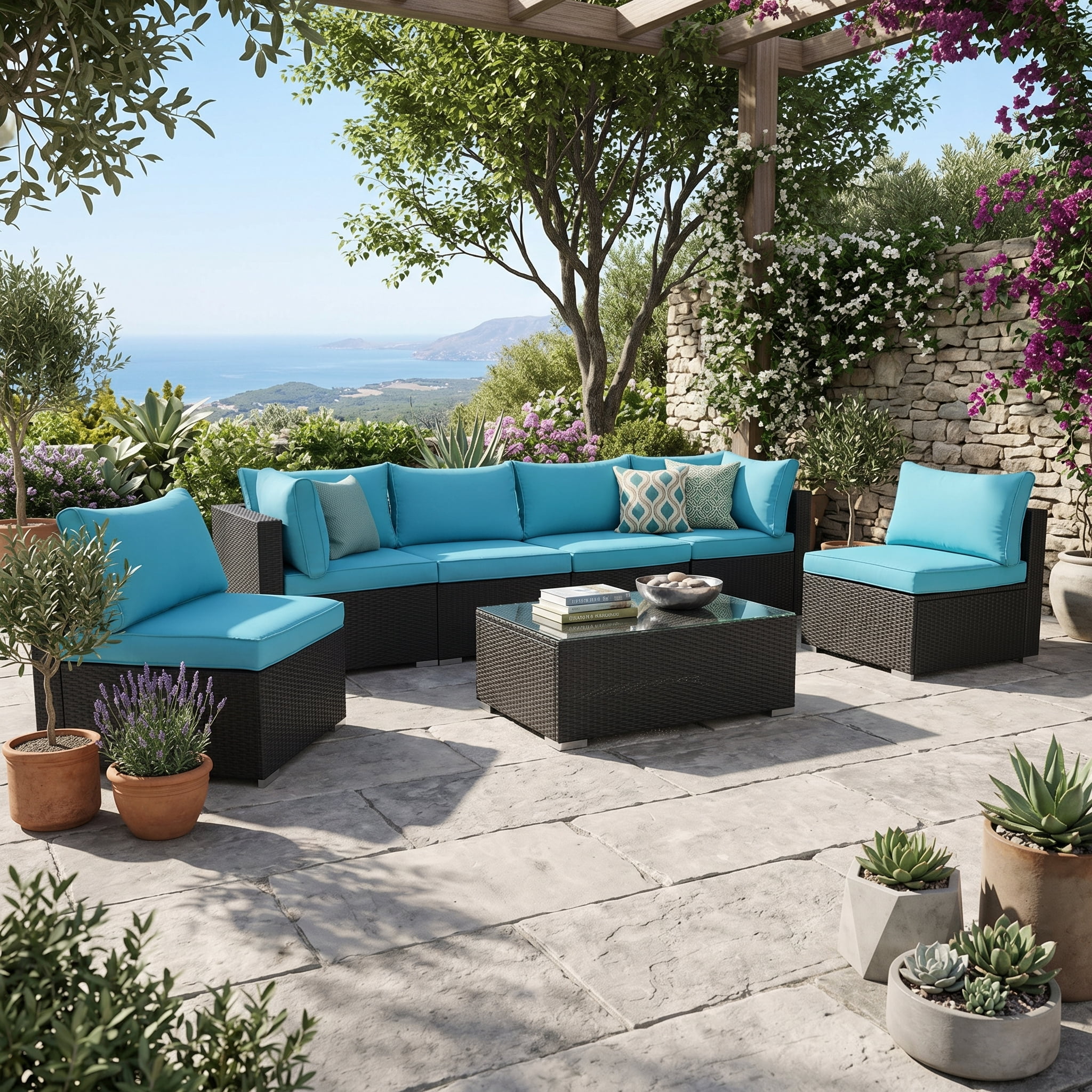 Howcool 7-Piece Modular Outdoor Patio Furniture Set with Cushions and Tempered Glass Table