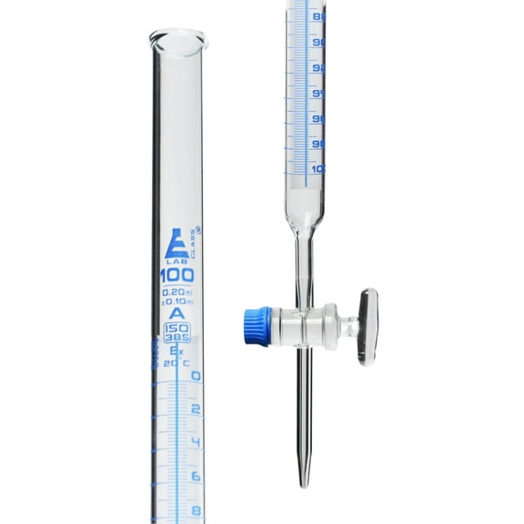 Lab Burette, 100mL - Schellbach Design for Accurate Miniscus Reading - Class A - 0.2mL Blue Graduations - Glass Stopcock - Borosilicate Glass Buret - Eisco Labs