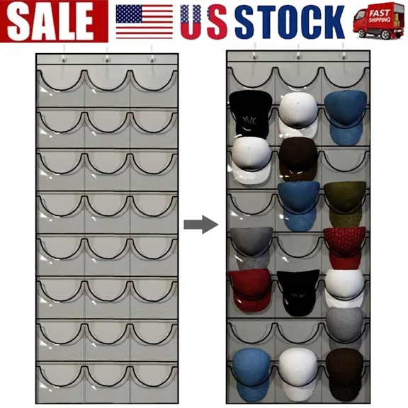 24 Hat Rack Organizer Baseball Holder Deep Storage Pockets Door Wall Caps Stand
