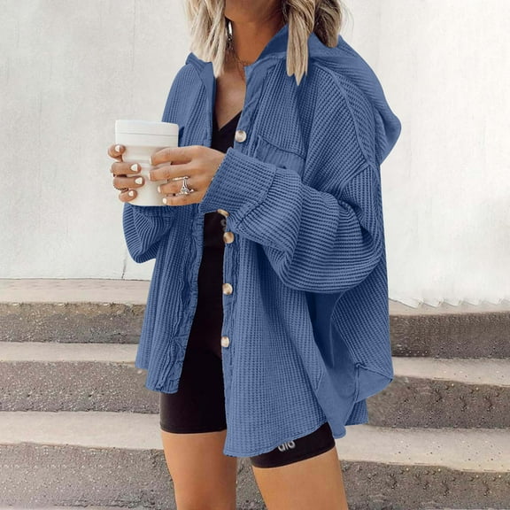 Qetyuw Hoodie Knit Cardigan for Women Waffle Knitted Long Sleeve Open Front Coat Button Down Casual Jacket