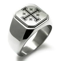 Stainless Steel Jerusalem Cross Engraved Square Flat Top Biker Style Polished Signet Ring