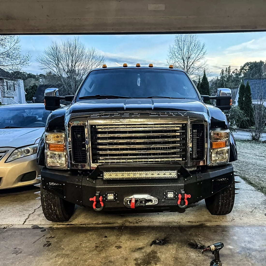 Vijay Compatible with 2008-2009-2010 Ford F250/F350 Front Bumper Textured Black Steel with Light and D-ring