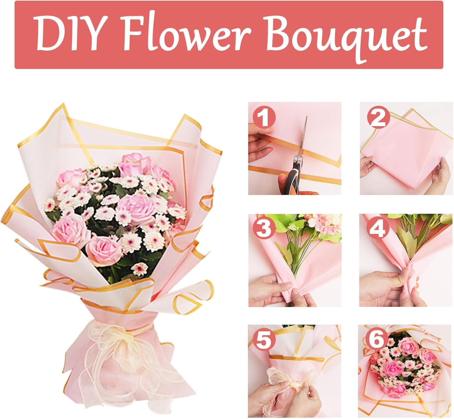 JOYIT 60 Sheets Pink Flower Wrapping Paper Bouquet - Flower