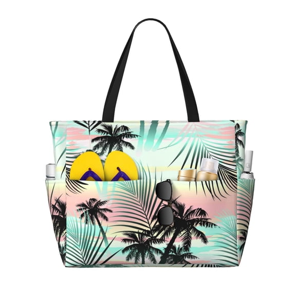 Pofeuu Tropical Summer Palm Print Beach Bag,Waterproof Sandproof Beach Tote Bag, Large Capacity Foldable Beach Bags for Women