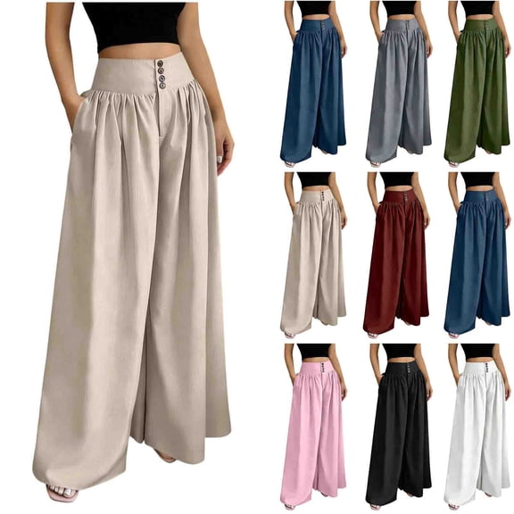 Women's Cotton Linen Loose Straight Pants, High Waisted with Pockets, Elastic Drawstring Comfort, Casual Lounge Beach Business Summer | VerBelle,Army Green L