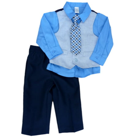 George Infant Toddler Boys 4 Piece Blue Dress Outfit Shirt Vest Tie Slacks