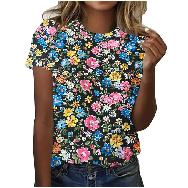 Tops de Ajuste Suelto para las Mujeres Impreso Manga Corta Suéter Camiseta Cuello Redondo Blusa Casual, Top de Moda para el Uso Diario Y las Salidas