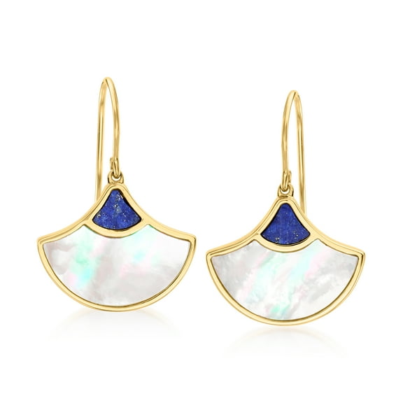 Ross-Simons Mother-Of-Pearl and Lapis Fan Drop Earrings in 18kt Gold Over Sterling, Women's, Adult