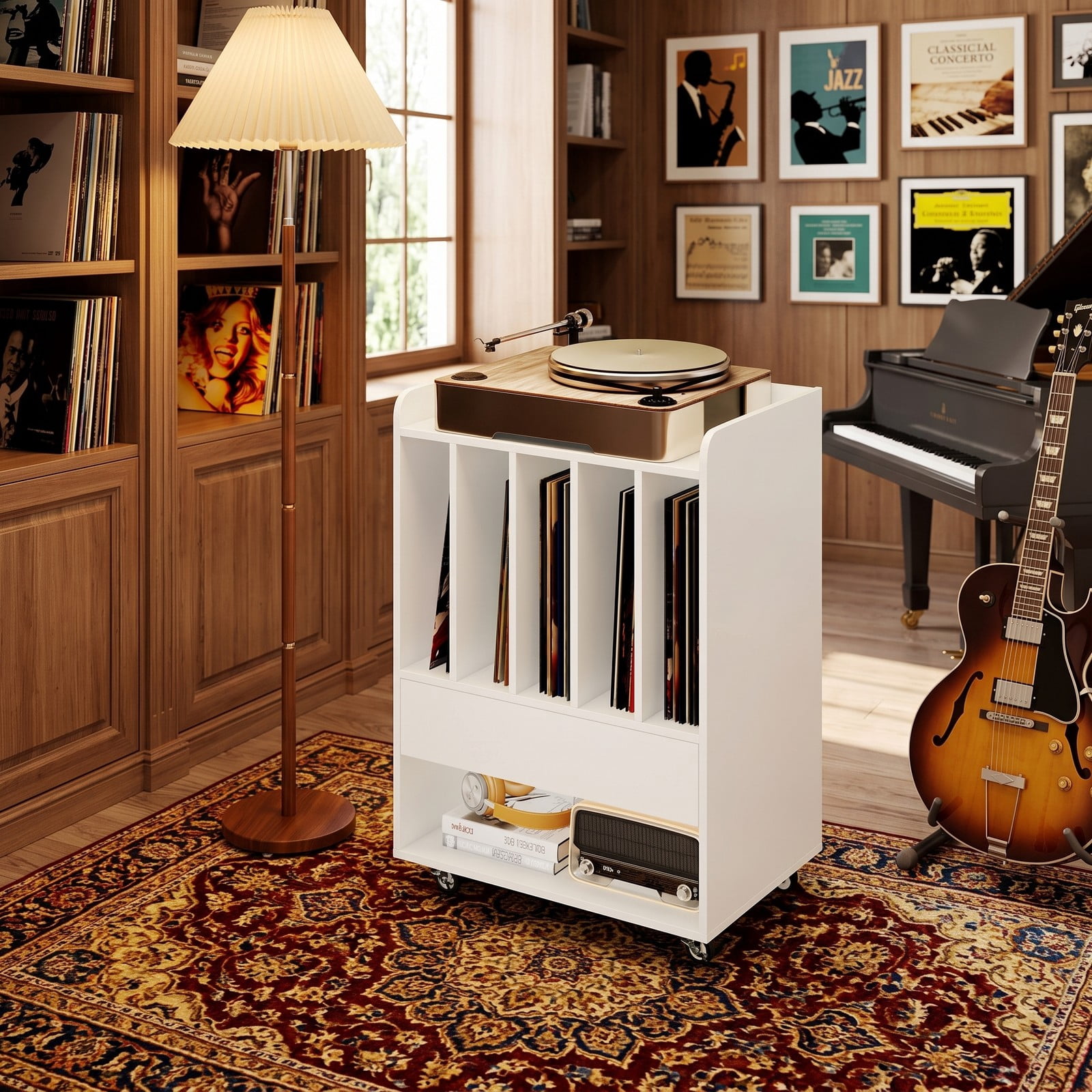 Furnibear Record Player Stand, Turntable Stand with Drawer and 5-Slot Vinyl Record Holder, Wood Media TV Stand Side Table with Rolling Lockable Wheels for, White