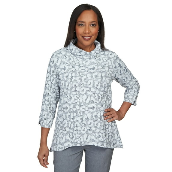 Alfred Dunner Womens Petite Animal Jacquard Cowl Neck Top