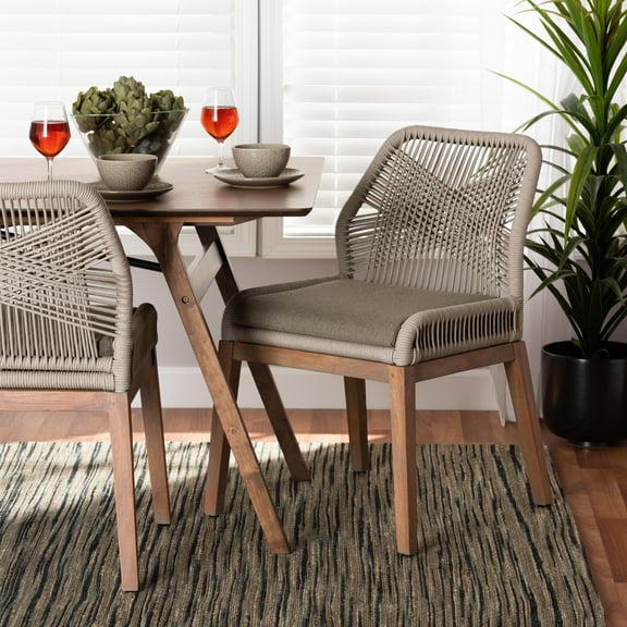bali & pari Jennifer Mid-Century Transitional Grey Woven Rope Mahogany Dining Side Chair