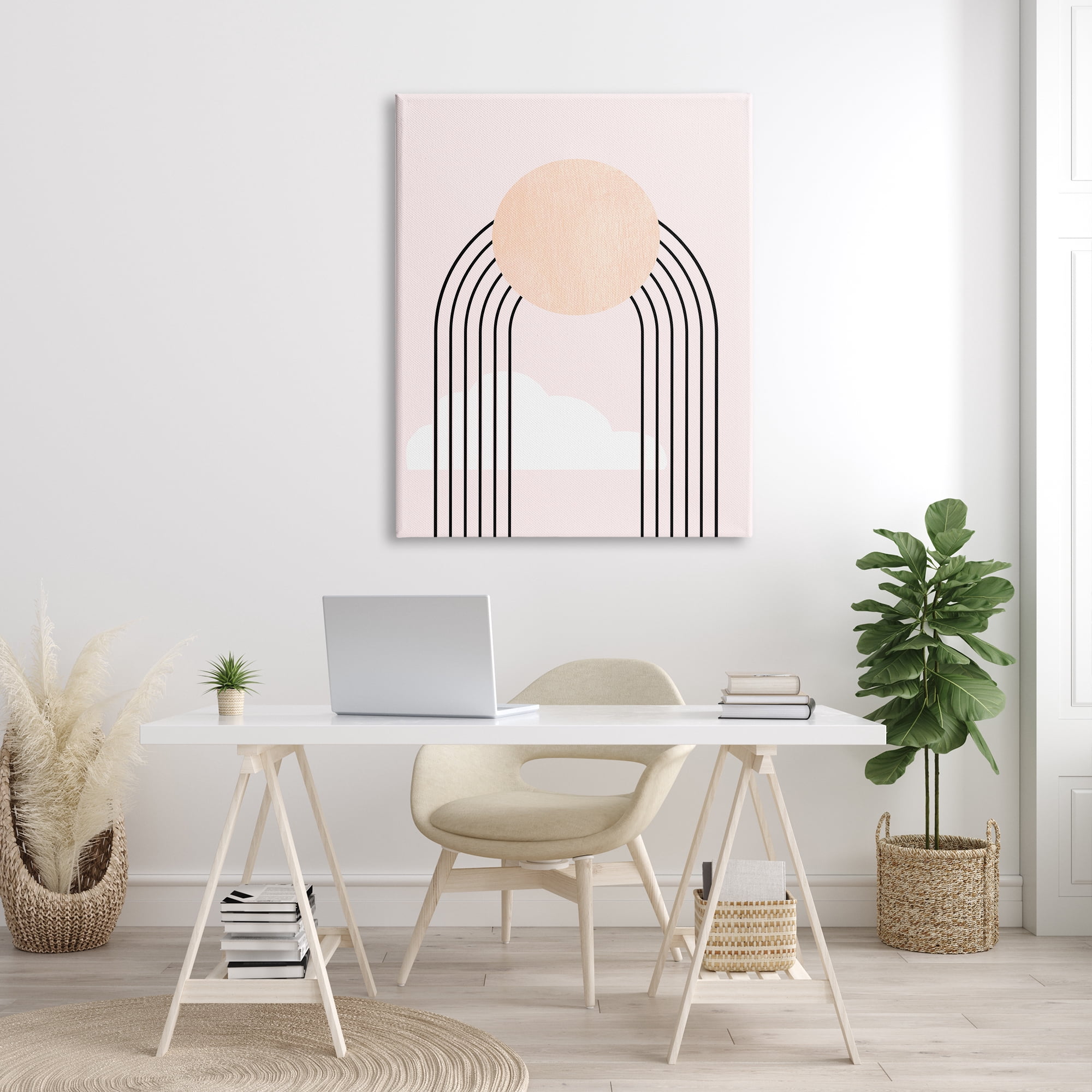 Stupell Industries Modern Geometric Rainbow Arch Lines Pink Sky Sun Abstract Painting Gallery Wrapped Canvas Print Wall Art, 36 x 48