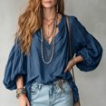 thumbnail image 4 of Wenini Women's Boho V Neck Puff Sleeve Crinkle Fabric Top Loose Drop Shoulder Casual Blouse Top Trendy Travel Shopping Outfit, 4 of 6