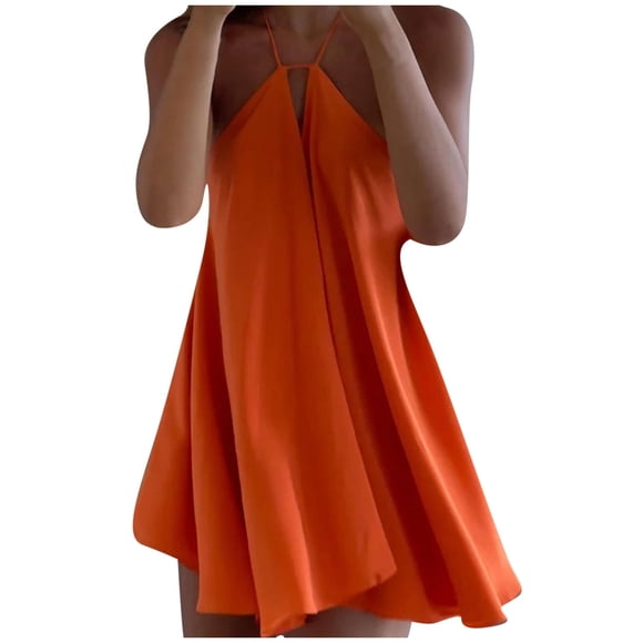 LOVZFMLL Women's European And Sexy-neck Open Back Suspender Loose-line Dress Short Sleeved-neck Knee Length Dress Orange M