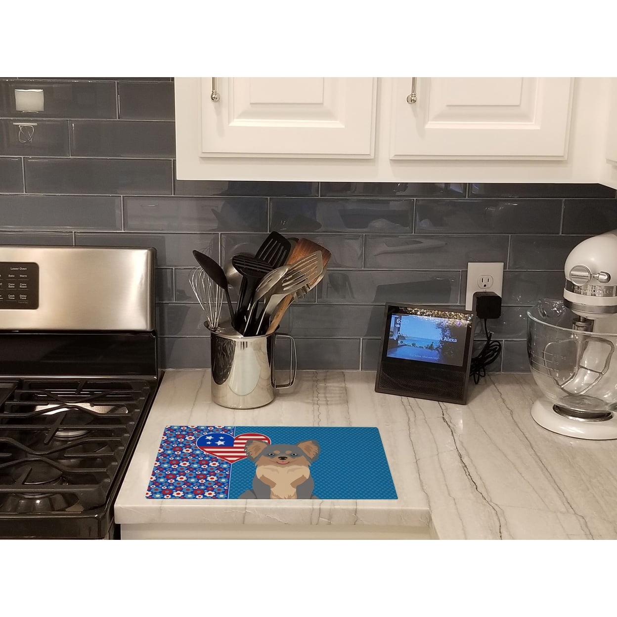 Longhaired Blue and Tan Chihuahua Glass Cutting Board Large 12 in x 15 in