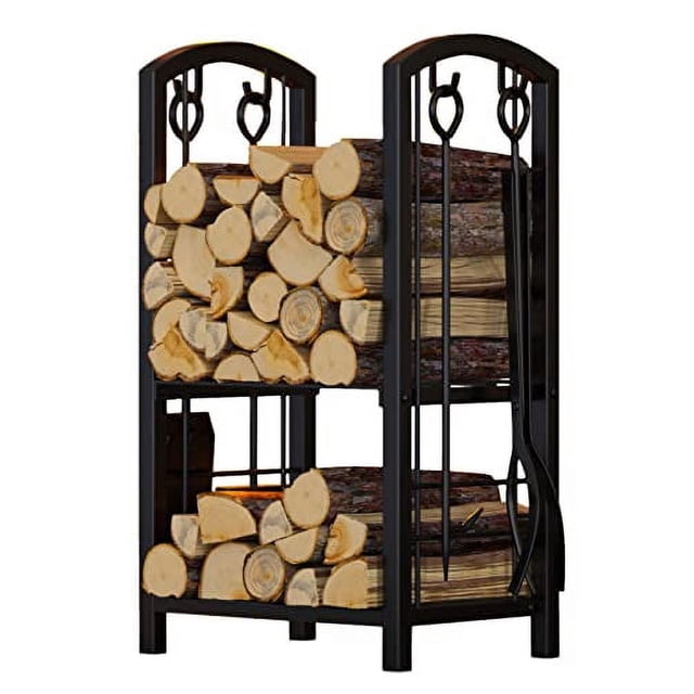 Fire Beauty Fireplace Log Rack with 4 Tools Fireside Firewood Holders Lumber Storage Stacking Black Wrought Iron Heavy Duty Logs Bin