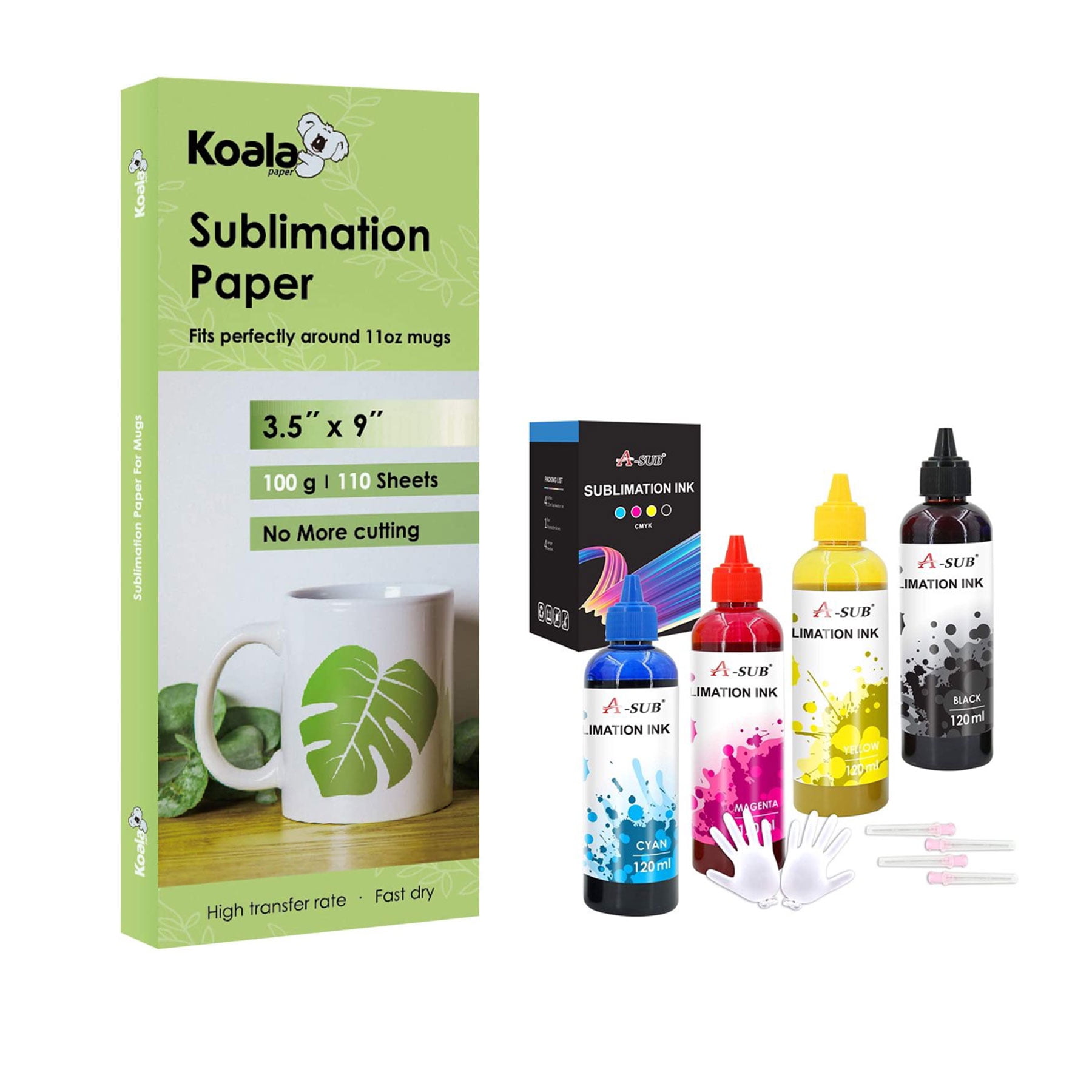 Bundle Kit Koala Sublimation Paper Mug Size 100 Sheets 100gsm 3.5x9 inch +  A SUB Sublimation Ink for Epson Printers WF 7710 WF 7720 ET-2720 ET-2760  ET-2800 ET-2803 ET-2850 ET-15000 ET-4760 etc