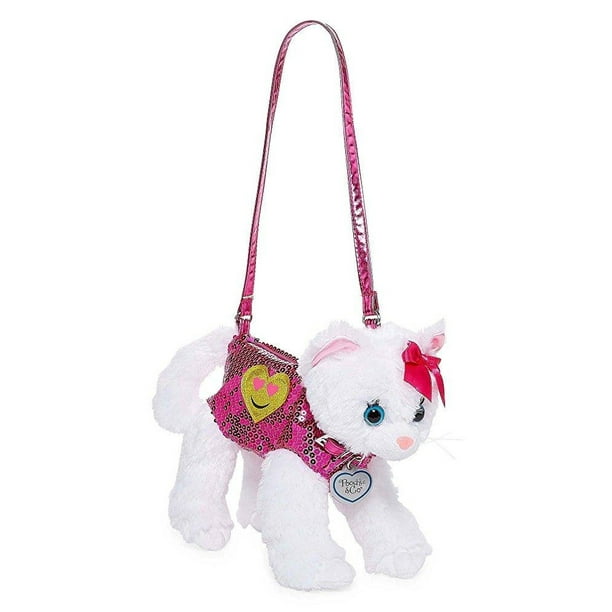 Poochie White Cat Plush Purse with Emoji Heart Applique, Pink Poochie White Cat Plush Purse with Emoji Heart Applique, Pink