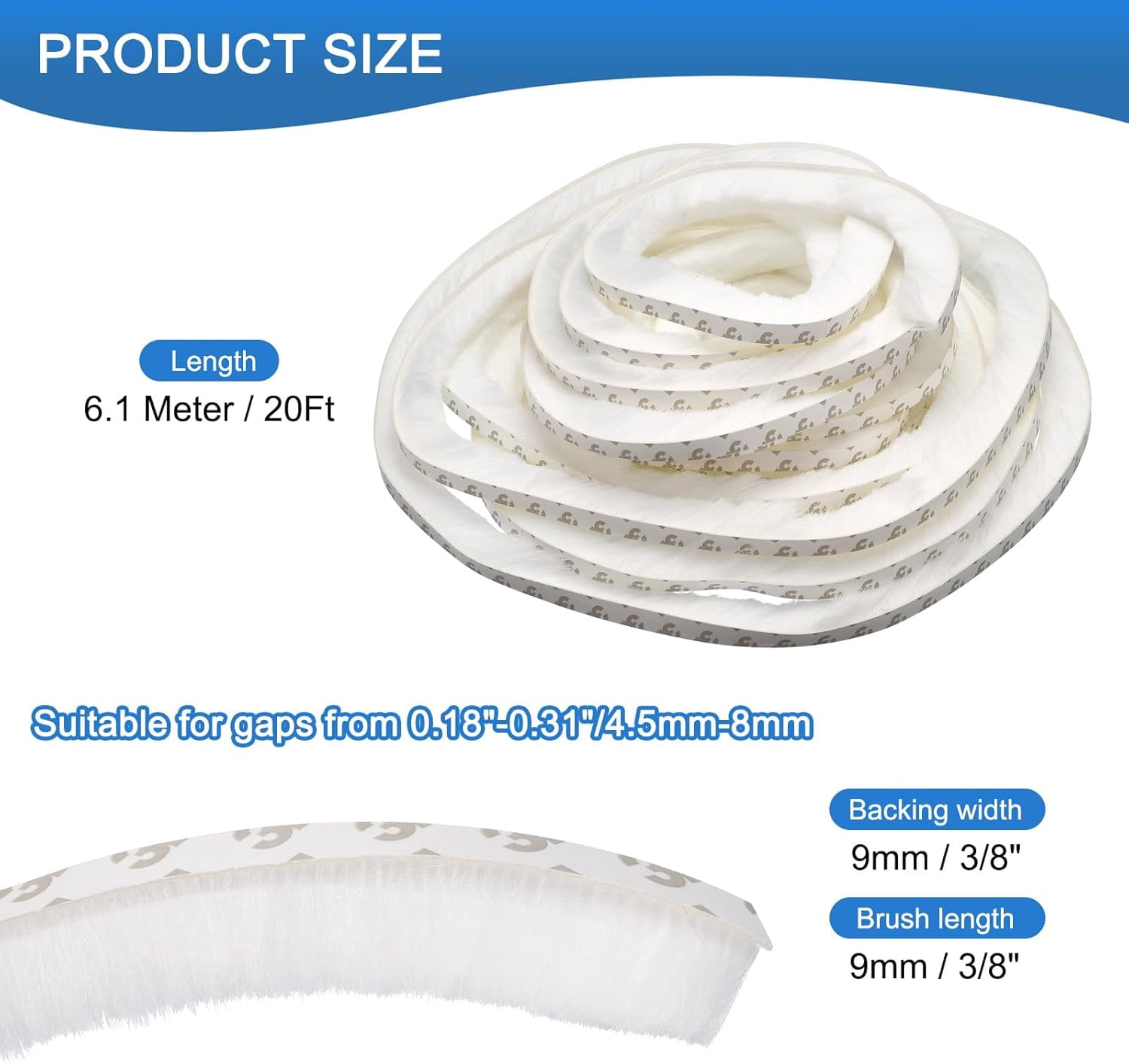 FRKSMD-Brush Weather Stripping, 3/8" Backing x 3/8" Brush x 20ft Felt Pile Door Seal Strip for Sliding Door Window Wardrobe - Self-Adhesive White (Windproof Dustproof Soundproof)