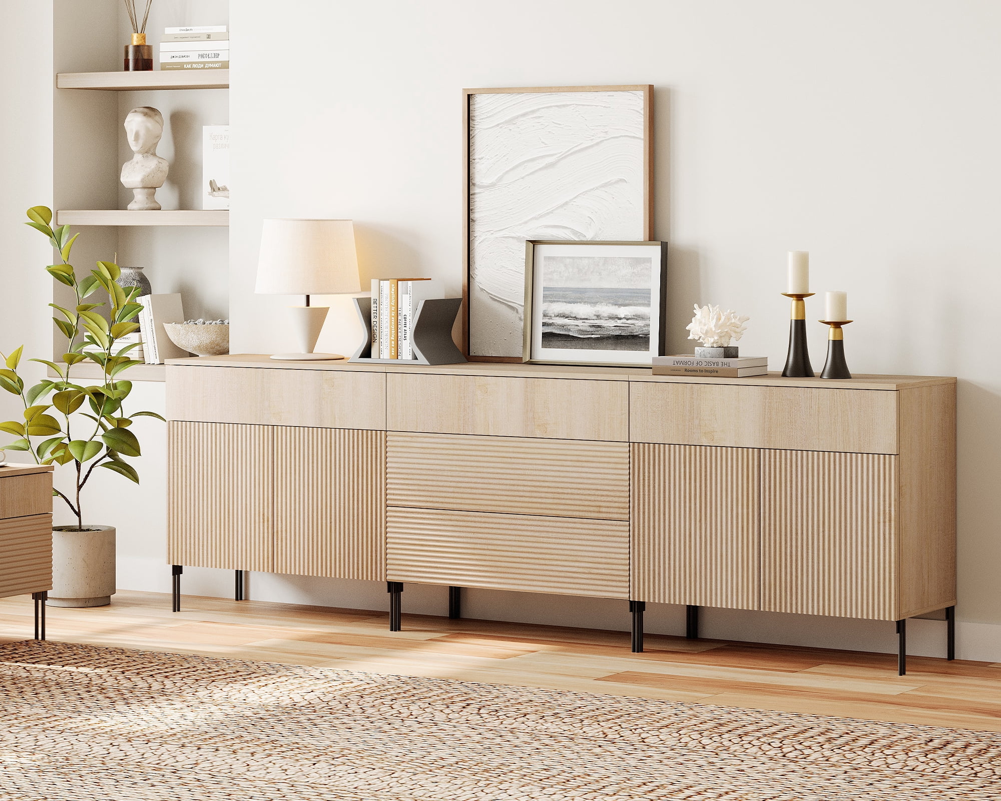 94.5" Reeded Accent Cabinet Set with Doors and Drawers, Modern Credenza Storage Cabinet with Metal Legs for Living Room, Kitchen, Dining Room, Hallway