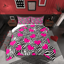 Castle Fairy Zebra Print 2pcs Bedding Comforter Set,Love Heart Print Twin Comforter Sets,Black Pink Breathable Bedding Set,Ultra Soft Abstract Home Decor