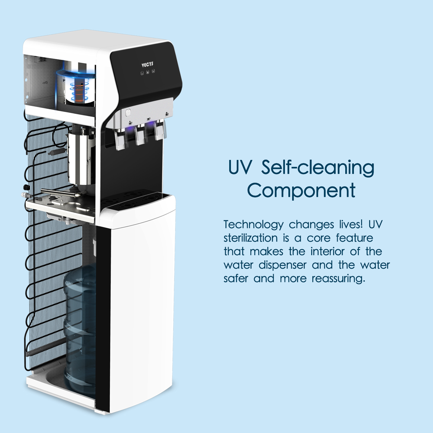VECYS 3 or 5 Gallon Bottom Loading Water Dispenser for Hot, Room and Cold Water with Child Safety Lock, UV Self-cleaning Compressor Water Cooler Built-in 304 Stainless Steel Reserviors and Nightlight