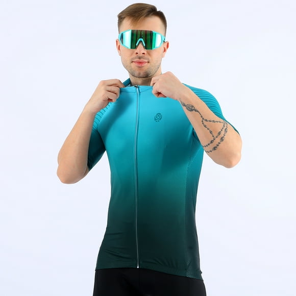 Tignapoo Gradient Cycling Jersey for Men - Lightweight Short Sleeve Bike Top in Lake Blue, Breathable and Quick-Dry Fabric, UPF30+ Sun Protection, Reflective Safety Design, Euro Size L