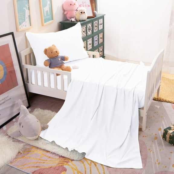 3 Pieces Microfiber Toddler Bed Sheet Set, Easy care and Breathable Crib Bedding Set for Boys and Girls, White, Include Crib Fitted Sheet, Flat Sheet, Envelope Pillowcase