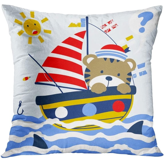 ECZJNT Blue Sailboat Sailor Kid Under Shark Attack in The Ocean Cartoon Cute Kitten Throw Pillowcase Cover Cushion Case Home Decor 16x16 inch