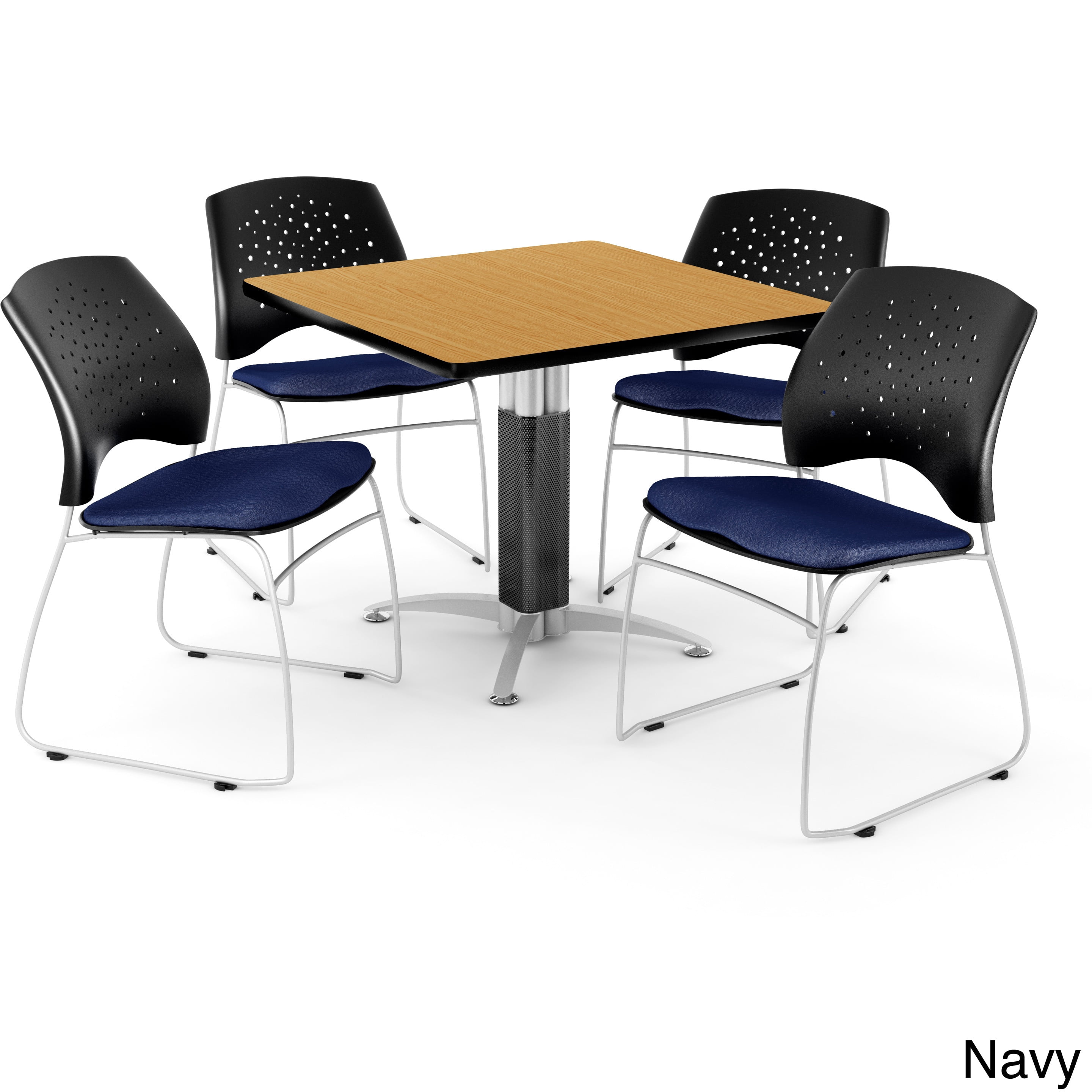 Core Collection Breakroom Bundle, 42" Square Metal Mesh Base Multi-purpose Table in Oak, 4 Stars Stacking Chairs in Lavender (PKG-BRK-018-0050)