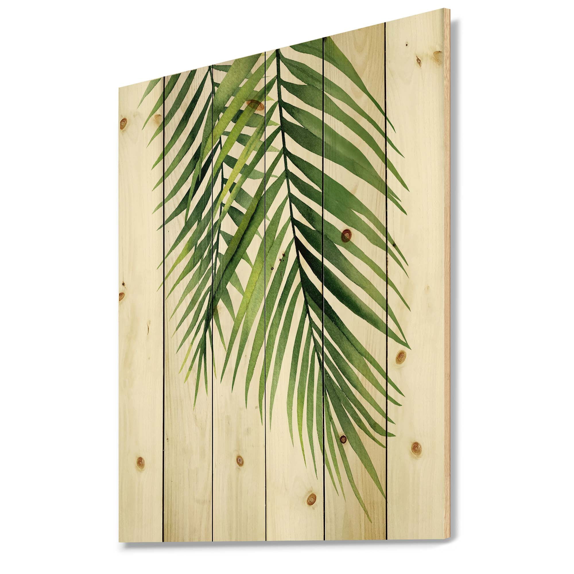 Designart 'Tropical Palm Branches' Tropical Print on Natural Pine Wood