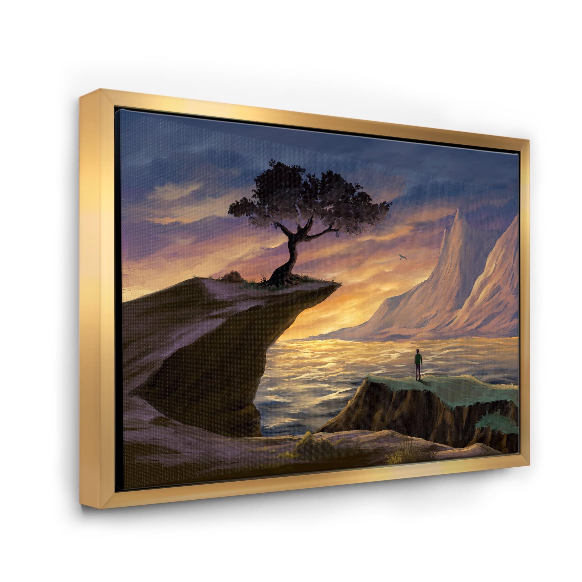Designart 'Tree On A Sea Cliff At Evening Light' Lake House Framed Canvas Wall Art Print