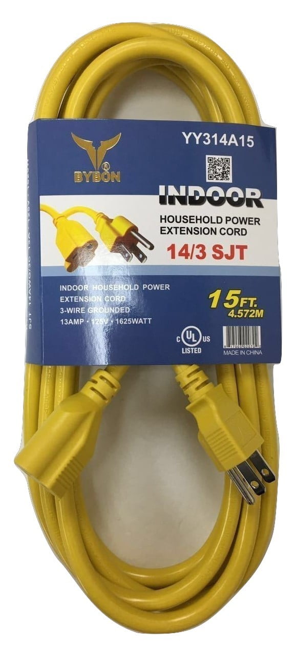BYBON 15ft Indoor Outdoor Extension Cord SJTW 14AWG Heavy Duty UL Listed 
