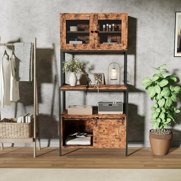 63" Kitchen Bakers Rack with Storage, Freestanding Utility Shelves Storage Shelf 5-Tier Industrial Microwave Stand with Charging Station, Cabinets & Open Shelves, Farmhouse Coffee Bar Cabinet