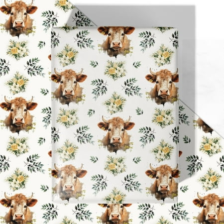 WRAPLULU Highland Cow PresNok Birthday Wrapping Paper - 4 Jumbo 40 Inches - Floral Greenery and Rustic Farmhouse Gift Wrap, Perfect for Birthday Baby Shower Christmas Wedding and Mother's Day