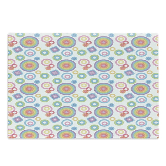 Colorful Cutting Board, Geometrical Theme Abstract Ornaments with Squares and Circles in Rainbow Colors, Decorative Tempered Glass Cutting and Serving Board, in 3 Sizes, by Ambesonne