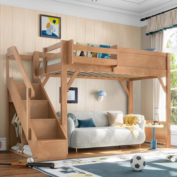 Full Natural Twin Size Loft Bed with Built-in Wardrobe and Storage Space Solid – Wood, Mdf, Solid Color, Modern Style, Durable Construction, for