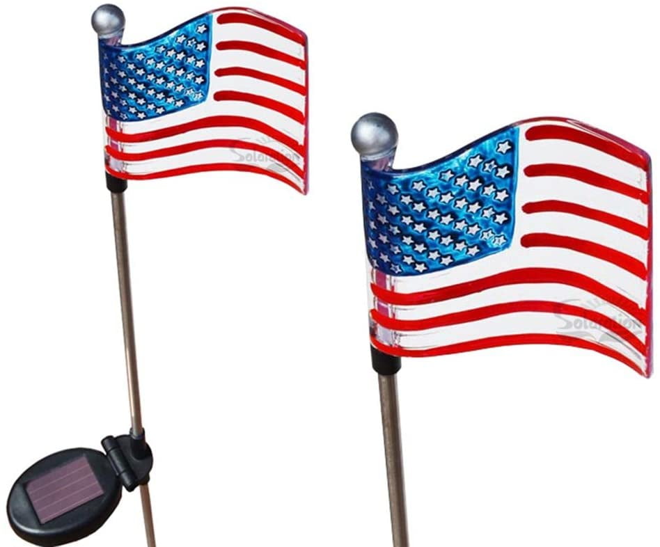 4 Pack Solar Powered Garden Yard Decor Art U.s. Flag Stake White Landscape LED Light