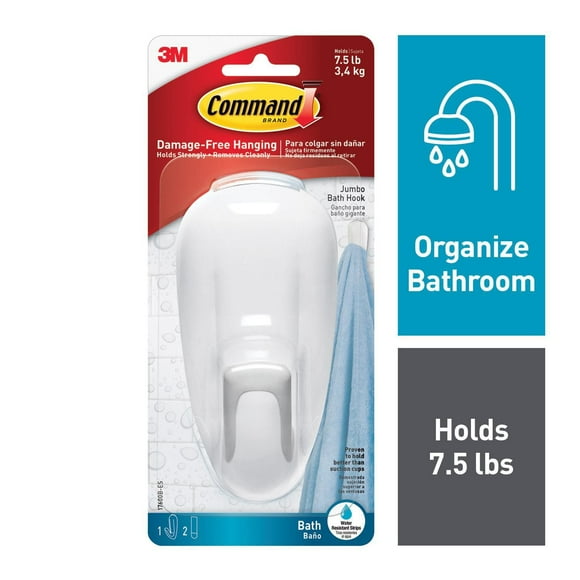 Command™ Bath Hook 17600B-EF, White, Large, 1 Hook, 2 Water-Resistant Strips/Pack