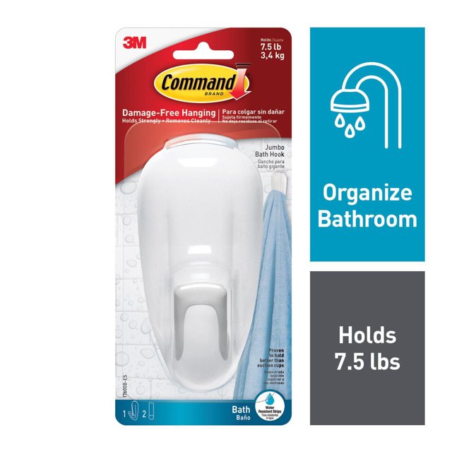 Command™ Bath Hook 17600B-EF, White, Large, 1 Hook, 2 Water-Resistant Strips/Pack