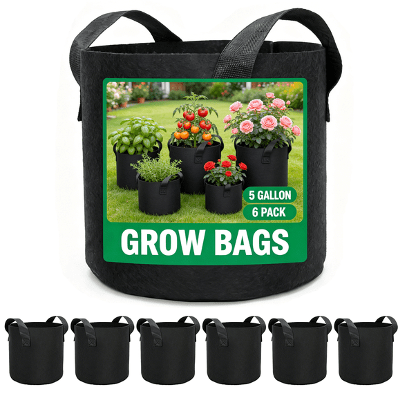 Bonison 6Pack 5 Gallon Grow Bags Garden Heavy Duty Non-Woven Aeration Plant Fabric Pot Vegetables Container  (Black)