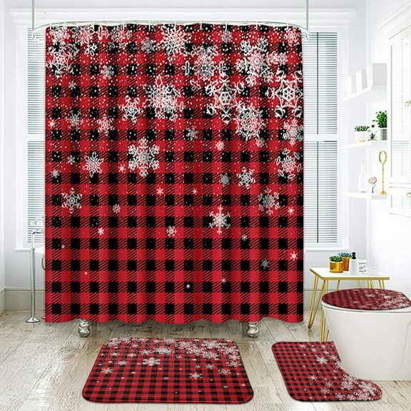 Christmas Buffalo Plaid Bathroom Sets with Shower Curtain and Rugs and Accessories, Red Xmas Snowflake Shower Curtain Sets, Winter Shower Curtains for Bathroom Decor 4 Pcs