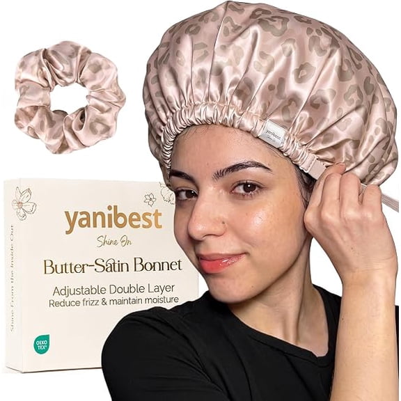 YANIBEST Satin Hair Bonnet with No Damage Hair Scrunchie, Adjustable Double Layer Sleep Cap for Women Natural Curly Braids